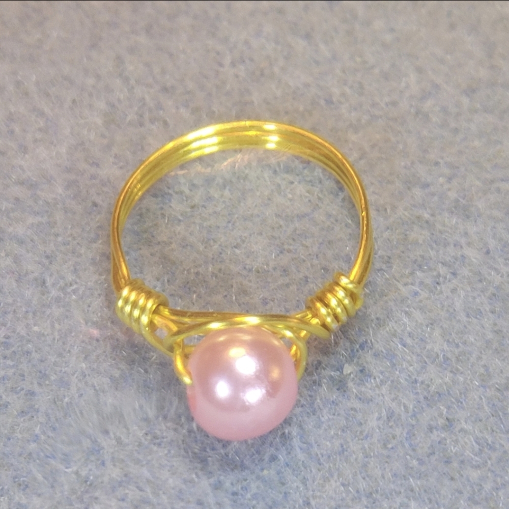 Hand Crafted Gold Wire and Light Pink Faux Pearl Ring